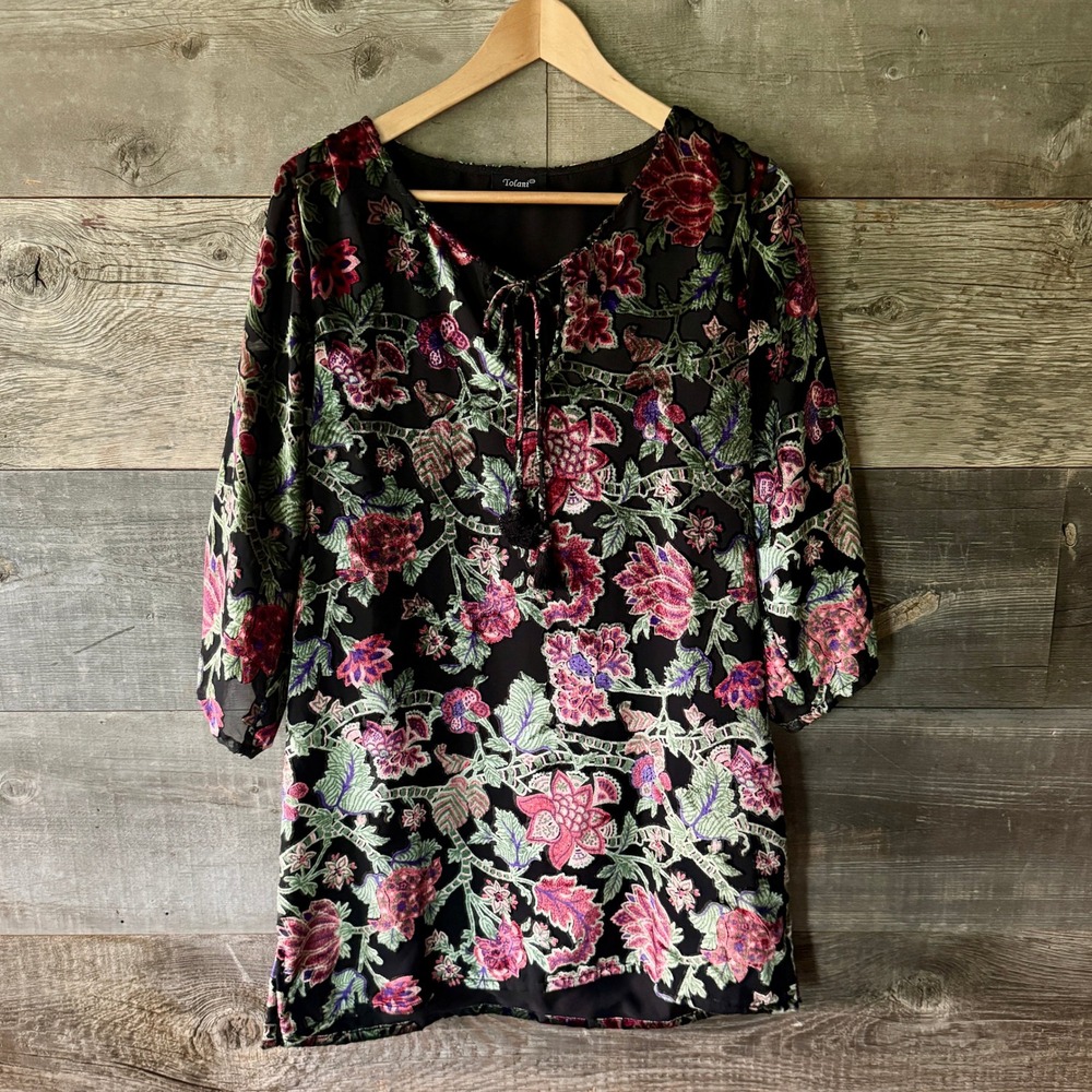 Tolani‎ Womens Floral Velvet Burnout Tunic Top M Black Dark Fairy Witchy Whimsy